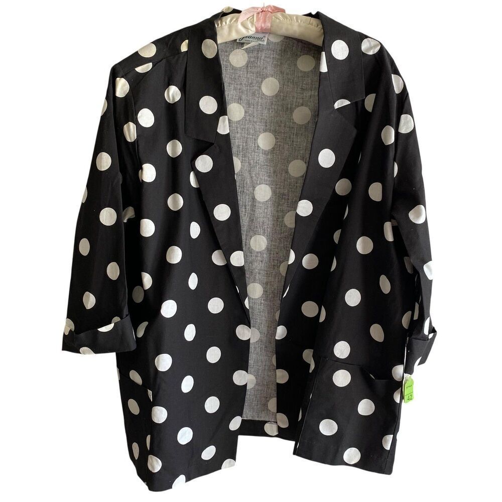 Vintage Joanna Blazer Womens 42 Black White Polka Dot Open Front Cotton USA 90s